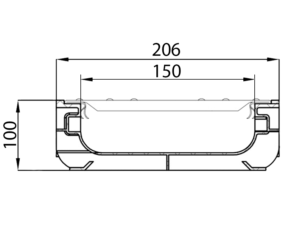 Лоток водоотводный пластиковый BASE DN150 H100 с решеткой щелевой стальной оцинкованной A15 (1000x206xH100мм)